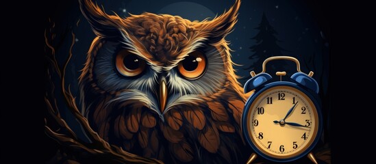 Wall Mural - Illustration owl bird on dark moon on branch tree forest dark background. Generate AI image