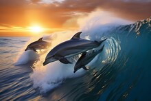 A Group Of Playful Dolphins Riding The Waves, Their Sleek Bodies Breaking Through The Ocean's Surface.