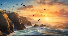An Image Of The Sun Rising Over Rugged Seaside Cliffs, Casting A Warm Glow On The Crashing Waves Below, With Seabirds Soaring Against The Backdrop Of The Ocean - Generative AI