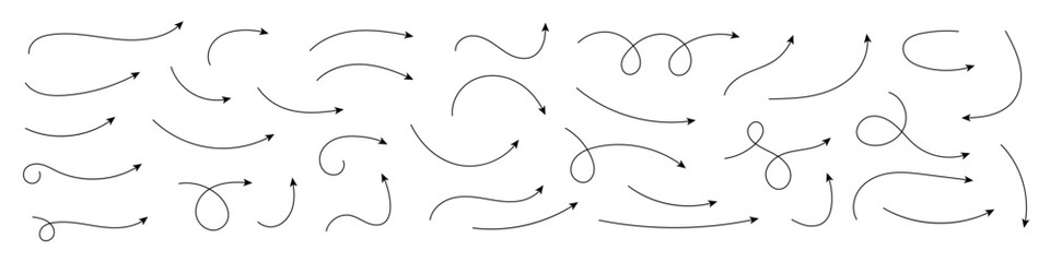 Wall Mural - Set of vector curved arrows hand drawn. Sketch doodle style. Collection of pointers.