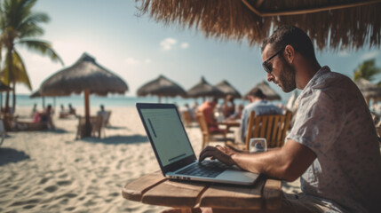 A young man with a beard works on the beach with a laptop.