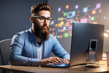 Wall Mural - transparent png is available. the programmer or coder is working on the computer. beard is a handsom