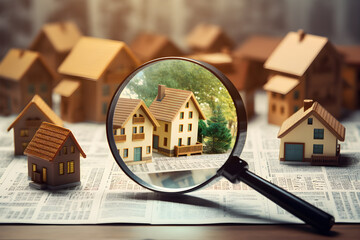 magnifying glass and house real estate concept