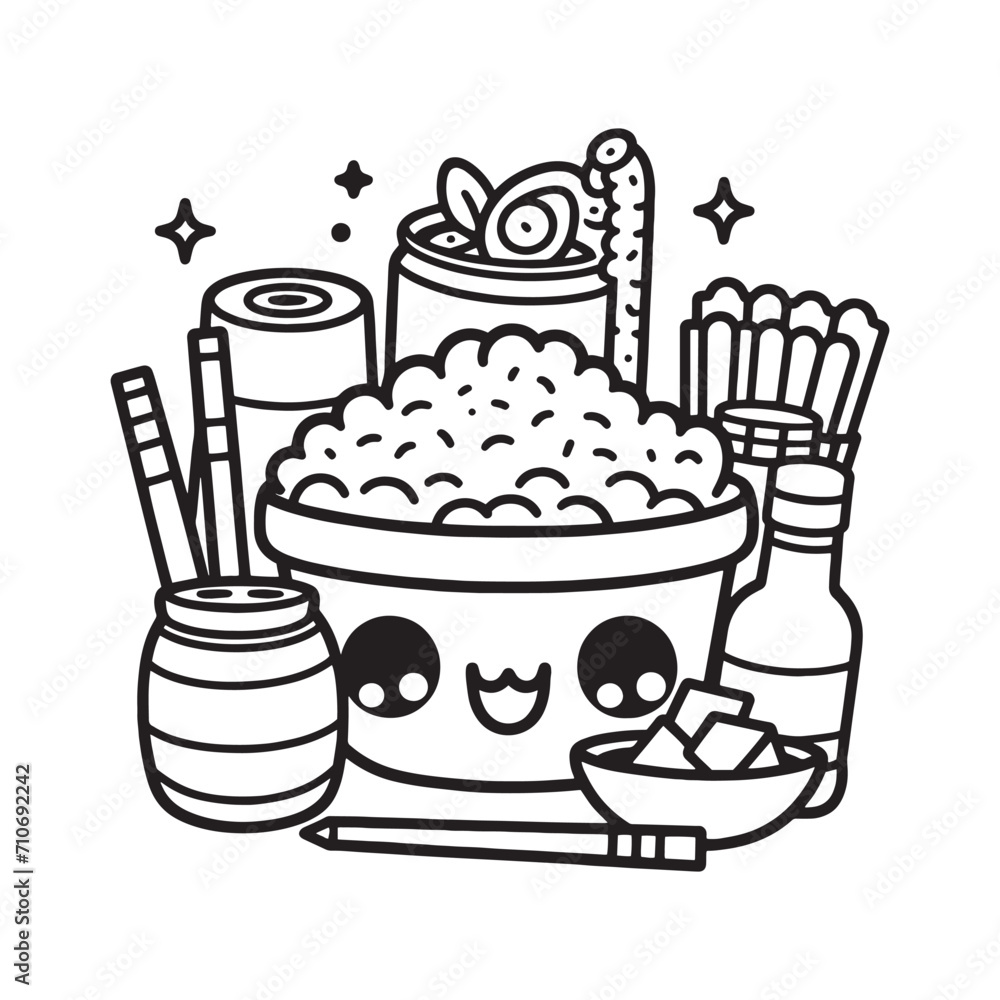 kawaii food coloring page Vector doodle illustration with Hand-drawn ...