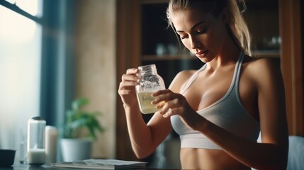 Wall Mural - Sporty woman preparing healthy supplement, dissolving collagen powder in a glass of water. beautiful sporty caucasian female generation z healthy lifestyle concept copy space