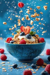Wall Mural - Healthy morning. Breakfast with granola,  yogurt and berries in bowl