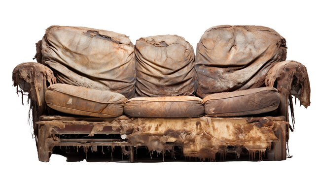 front view of a torn, tattered, and old reclining sofa isolated on a white transparent background