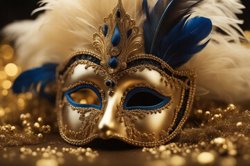 Wall Mural - Blue and gold Venetian carnival mask with feathers, copy space. Festive Venetian carnival mask with gold glitter decorations and diamond beads on dark blue background. High quality photo