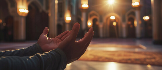 Wall Mural - Closeup open palm hand of muslim man praying inside the mosque. Copy space for text.