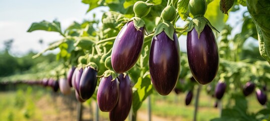 Wall Mural - Abundant eggplant harvest on open plantation bathed in warm sunlight of a blissful summer day.