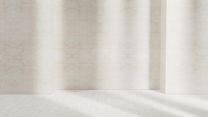 Leinwandbilder - Bright empty room with sunlight from windows, tiled wall and white wooden floor, white tile wall, empty wall and wooden floor stage and product placement, empty room background minimalism sunlight