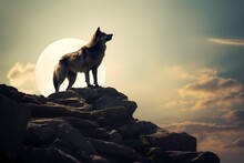 A Serene Scene Of A Lone Wolf Standing Atop A Rocky Outcrop, Silhouetted Against A Full Moon.