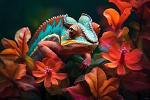 A Tiny Chameleon Blending Into Vibrant Tropical Flowers.