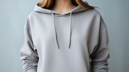 Woman in gray hoodie mockup template for long sleeve sweatshirt design, isolated on white wall