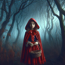 Little Red Riding Hood With A Wolf In The Forest