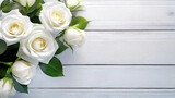Fototapeta Kwiaty - Białe róże na deskach, puste miejsce na tekst