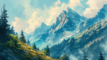 Fantastic Watercolor, In Which Mountains Come To Life Under The Influence Of Water Colors And Ligh