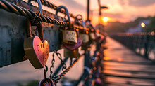 A Bridge Adorned With Heart Shaped Padlocks Against A Sunset. Concept Of Love And Valentines