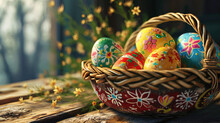 Painted Easter Eggs In A Decorative Basket, Ready For A Gift