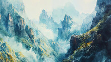 A Fairy Tale Watercolor Drawing In Which Mountains Personify Dreams And Fantasies