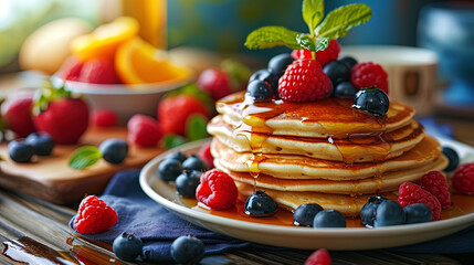 Wall Mural - Easter pancakes with maple syrup and fresh berries, served in the style of gourmet