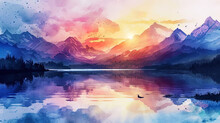 A Romantic Watercolor Picture In Which The Mountains Are Framed By Delicate Sunset Light And Are R
