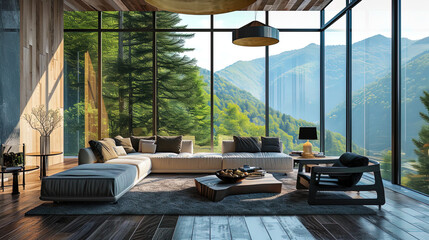 Sticker - A living room with upholstered furniture and windows that open a magnificent view of the forest an