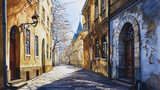 Fototapeta Uliczki - Light and air watercolor depicting a quiet corner of the city with narrow streets and historical b