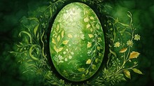  A Painting Of A Green Egg With Leaves And Flowers On A Dark Green Background With Leaves And Flowers Around It.
