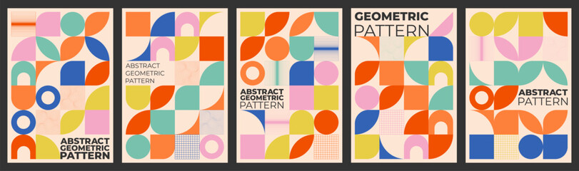Geometric isolated posters in retro bauhaus style. Vertical rectangle layout design. Vector template on black background.