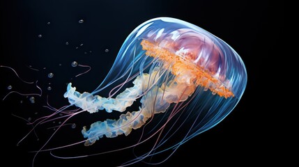 Sticker -  a close up of a jellyfish in the water with its head turned to look like it is floating in the air.