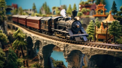 Poster -  a toy train traveling over a bridge next to a forest filled with trees and a small town on the other side of the bridge.