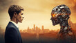 Humanity vs. Artificial Intelligence robot side view skyline background battle for cities and civilisation