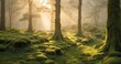 The refined charm of a mossy forest at sunrise, where rays of light filter through elegant foliage and mist, creating an ethereal ambiance - Generative AI