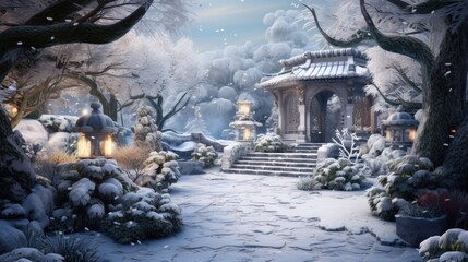 Sticker -  a digital painting of a winter scene with a gazebo and steps leading to a well - lit gazebo.