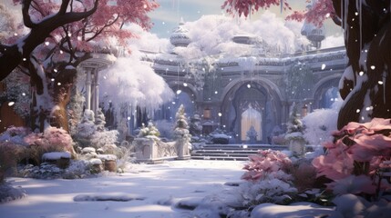 Poster -  a snowy winter scene of a garden with trees, bushes, flowers, and a building with a clock on the top of it.