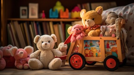 Poster -  a group of teddy bears sitting in front of a toy truck with a teddy bear on the back of it.