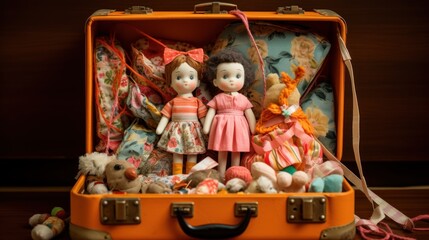  a suitcase with two dolls in it and a teddy bear on the other side of the suitcase and a teddy bear on the other side of the suitcase.