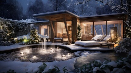 Poster -  a night scene of a house with a hot tub in the middle of the yard and lit candles in front of it.