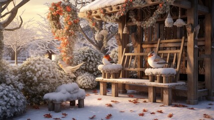 Poster -  a couple of birds sitting on top of a wooden bench in the middle of a snow covered park next to a tree.