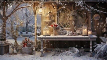 Sticker -  a painting of a winter scene with a snow covered bench and potted plants in the foreground and a lit candle in the background.