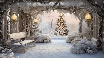 Poster -  a painting of a winter scene with a bench in the middle of a snowy park with lights on the trees and snow on the ground.