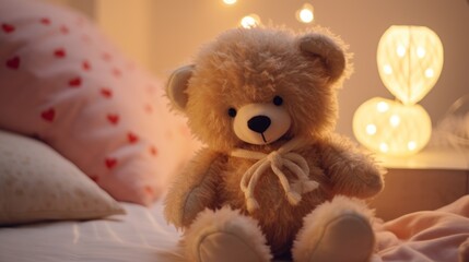 Poster -  a brown teddy bear sitting on top of a bed next to pillows and a night stand with lights in the background.