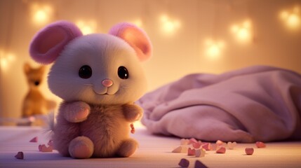 Sticker -  a stuffed animal sitting on top of a bed next to a pile of pink confetti on a bed.