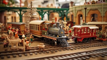 Poster -  a close up of a toy train on a train track with other toy train tracks and buildings in the background.