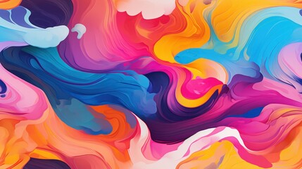 Poster -  a multicolored background with white clouds and blue, pink, yellow, orange, and pink swirls.