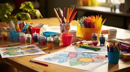 Poster -  a wooden table topped with lots of different colored pencils and art supplies on top of a wooden table next to a potted plant.