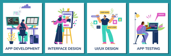 App developing process stages: coding, interface, ui and ux design, testing.
