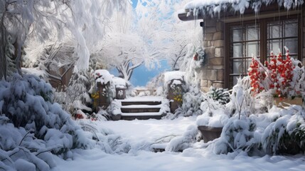 Poster -  a house covered in snow with steps leading to the front door and steps leading to the side of the house.