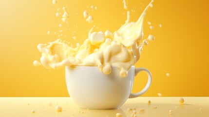  a splash of milk in a coffee cup on a yellow background with drops of milk coming out of the cup.